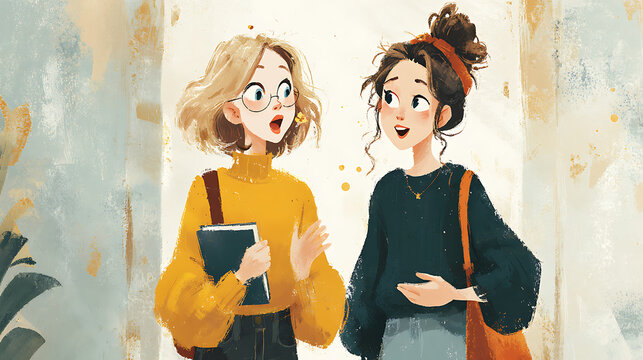college student young woman sharing funny anecdote with friend at university chit chat small talk bonding friendship learning interaction and student communication