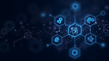 Health Theme, medical technology background with hexagonal patterns and glowing icons.