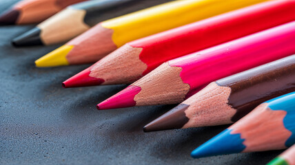 Close up of colored pencils. Two wooden spoons with powder and a sealed black plastic bag on dark surface.	