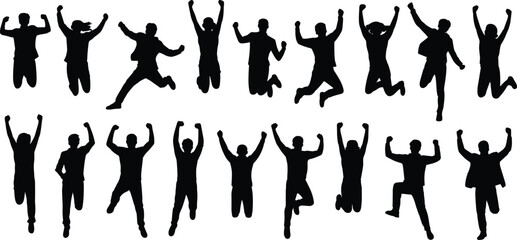 Silhouettes of people jumping in excitement, celebrating success, teamwork energy, group happiness, isolated on white background, business concept illustration
