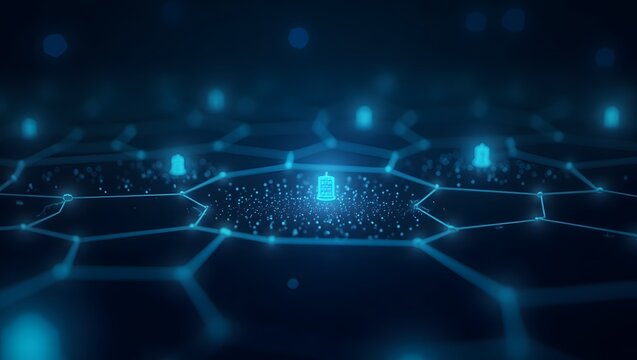 Health Theme, medical technology background with hexagonal patterns and glowing icons.