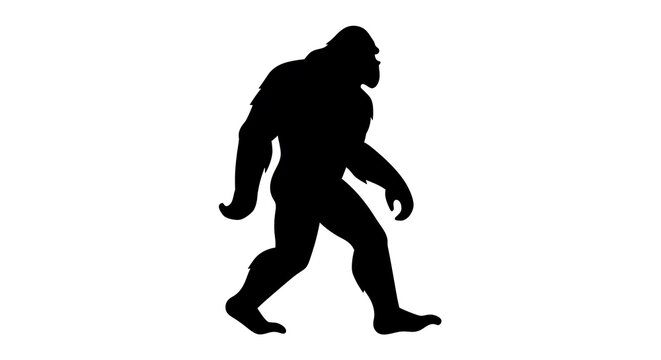 Iconic black silhouette of Bigfoot, the mythical Sasquatch creature, in a classic walking pose isolated on a white background.