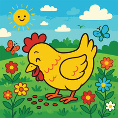 cartoon image of a chicken looking for food in the garden