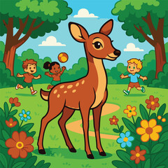 cartoon image of a deer playing with children in a flower garden