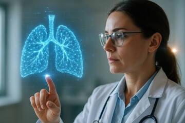 A Doctor's Focus: A healthcare professional examines a 3D-rendered lung model, symbolizing diagnostic and therapeutic progress.
