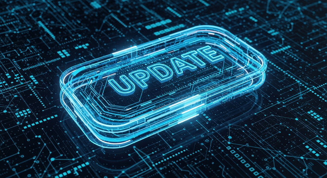 Update now button with digital circuit board background highlighted in blue, representing technology progress. Update is necessary for smooth operation and optimal performance.