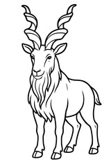 Fototapeta premium Majestic Markhor line art illustration. A beautiful black and white outline drawing of the iconic wild goat, featuring its distinctive large, spiraling horns and long beard. Ideal for coloring books.