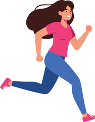 Young woman running fast in pink shirt and blue leggings, female jogging athlete in motion, healthy active lifestyle vector