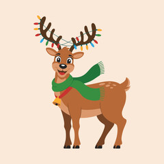 Fototapeta premium Cartoon Reindeer Wearing Christmas Lights Scarf and Bell on Antlers Keywords: reindeer, christmas