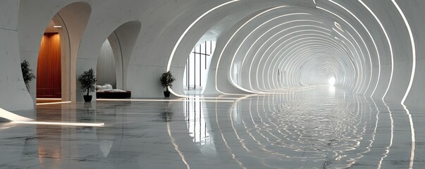 Modern white spiral corridor with glossy floor and natural lighting