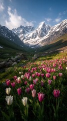 Fototapeta premium Majestic snowy mountains above tulip flower field pictures