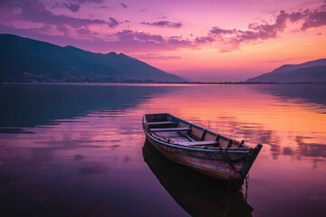 Wooden rowboat floating on calm lake water during vibrant sunset with mountains in background, reflecting colorful sky on surface, tranquil outdoor nature scene with copy space