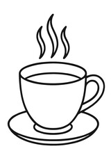 Obraz premium Steaming Hot Coffee Cup and Saucer Black Outline Vector Illustration - A minimalist digital graphic depicting a warm beverage icon, perfect for cafes, breakfast, tea, and comfort-themed designs and we
