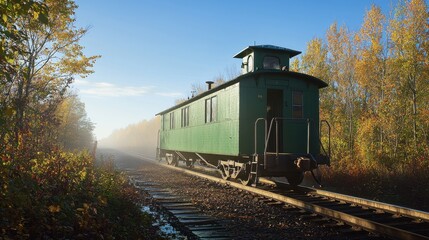 Obraz premium Vintage green caboose exterior on railway tracks surrounded by autumn foliage in atmospheric morning mist with cupola and handrails