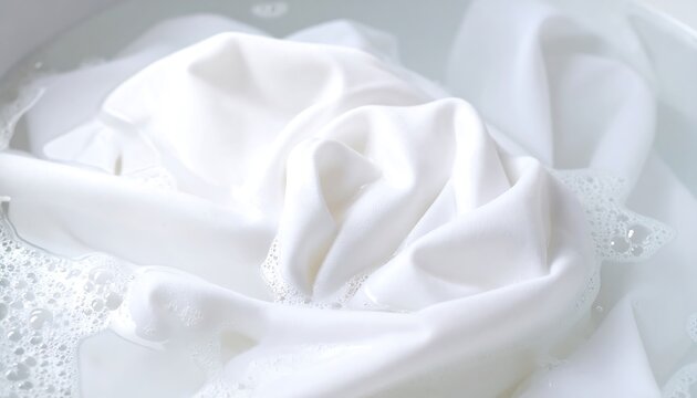 Close-up of pure white fabric soaking in clean, bubbly water, representing freshness, hygiene, and gentle textile care