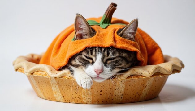 Cute tabby cat wearing a pumpkin costume peeking out of a pie crust