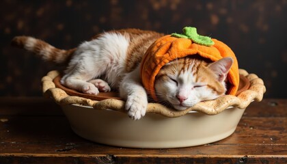 Cute orange tabby cat wearing a pumpkin hat sleeps peacefully inside a pie crust
