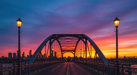 Obraz premium A picturesque bridge spans a road, framed by streetlights, against a vibrant sunset.