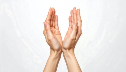 Elegant female hands cupped together in a gentle gesture of offering or protection, isolated on a clean white studio background