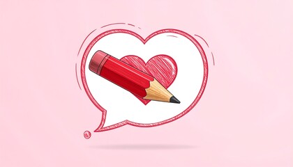 Heart-shaped speech bubble with red pencil