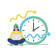 Vector art of young woman working on laptop next to a clock, symbolizing time management and productivity
