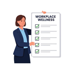 Vector art of businesswoman pointing at a checklist for workplace wellness