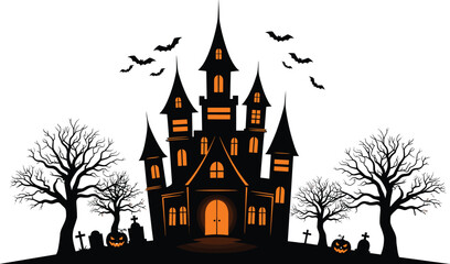Spooky haunted castle silhouette with flying bats, dead trees, jack-o'-lantern pumpkins, and gravestones on Halloween night