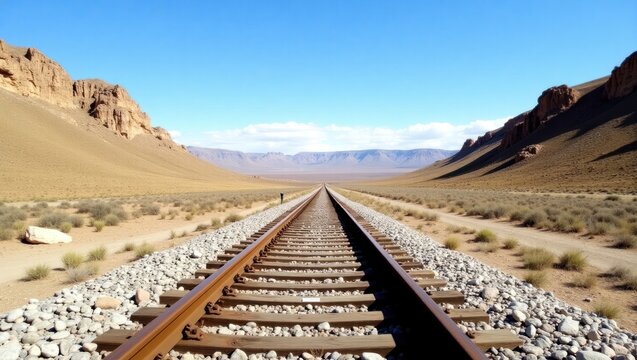 A vast, desert landscape stretches out before a long railway line, extending to the horizon under a clear blue sky.