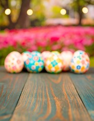 Colorful Easter eggs on a wooden table, out-of-focus garden background