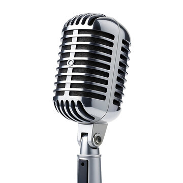 A shiny silver vintage microphone stands against a stark black background in a studio setting
