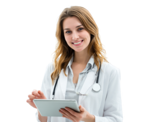 A woman in a white coat is holding a tablet and smiling