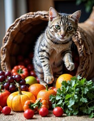 Adorable tabby cat peeking out of a rustic cornucopia filled with autumn harvest fruits and vegetables