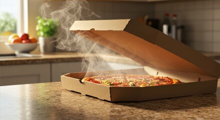 Pizza box on kitchen counter, freshly baked pie with colorful toppings steaming in open cardboard, bringing warmth and comfort to a cozy home setting