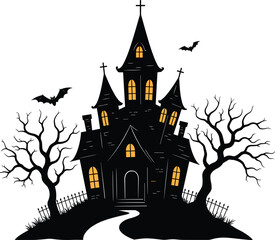 Spooky haunted house with glowing windows, eerie bats flying, creepy dead trees, dark night, Halloween theme, scary atmosphere illustration
