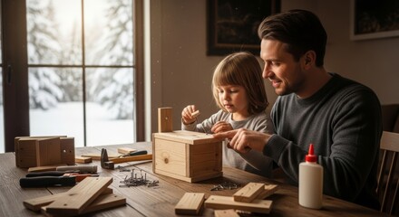 Family woodworking activity during winter indoors with child and parent crafting a wooden box