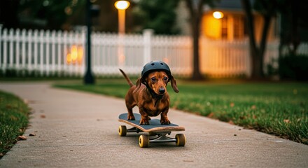 Dog riding skateboard on sidewalk, brown dachshund in black helmet confidently gliding along paved path in suburban neighborhood, blending charm, humor, and skill