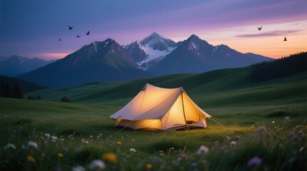 Illuminated Tent on Grassy Plain at Dusk with Mountain Range – Adventure Landscape Photography