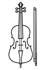 Elegant Line Art Illustration of a Classical Cello and Bow, Detailed Outline Vector Graphic for Music Enthusiasts, Orchestral String Instrument Design for Educational Resources, Artistic Projects, Web