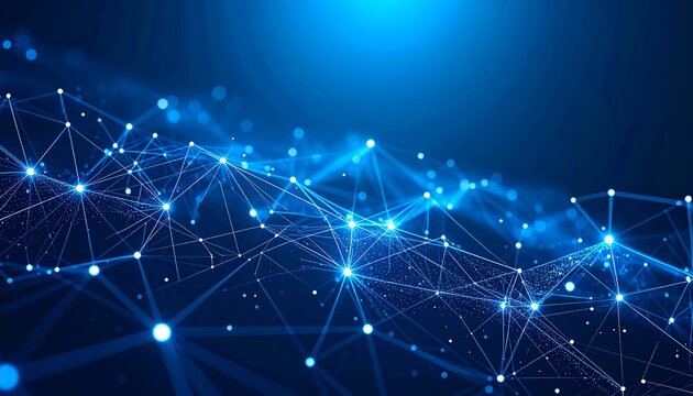Abstract digital blue network, interconnected nodes with glowing lights, representing connections and data flow