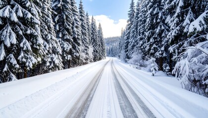 Snowy road through pine forest