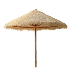 A bamboo umbrella is standing upright on a white background