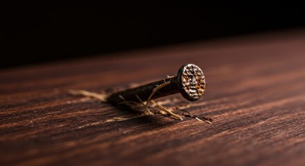 Close-up shot of a rusty nail partially hammered into a wooden surface.