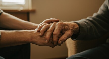 Fototapeta premium Close-up of two people holding hands, showing support, comfort, and connection. One hand appears older, the other younger.