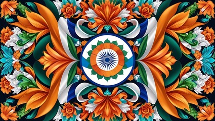 Intricate symmetrical floral pattern in Indian flag colors on black background tricolor