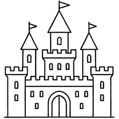 Fototapeta premium Majestic fantasy castle line art drawing with multiple towering turrets, fortified battlements, and flags atop its highest peaks, featuring a grand arched entrance, perfect for medieval-themed designs