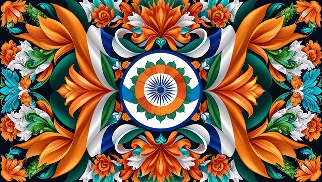 Intricate symmetrical floral pattern in Indian flag colors on black background tricolor