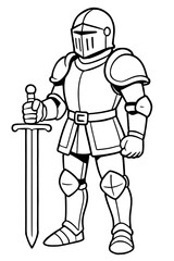 Fototapeta premium Majestic medieval knight in full shining plate armor, standing valiantly with a mighty sword, ready for battle. Detailed black and white line art illustration, ideal for historical fantasy themes, chi