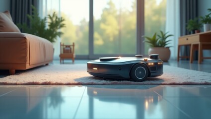 A modern robotic vacuum cleaner gracefully navigates a stylish living room, reflecting light off the polished floor.