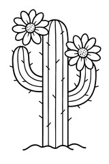 Fototapeta premium Simple flowering cactus coloring page line art illustration. A beautiful botanical outline of a desert plant with two blooming flowers, perfect for children and adults seeking creative relaxation acti