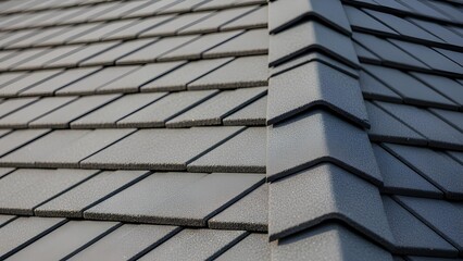 Close-up view of a modern grey tiled roof with a distinct corner detail, showcasing building materials and construction